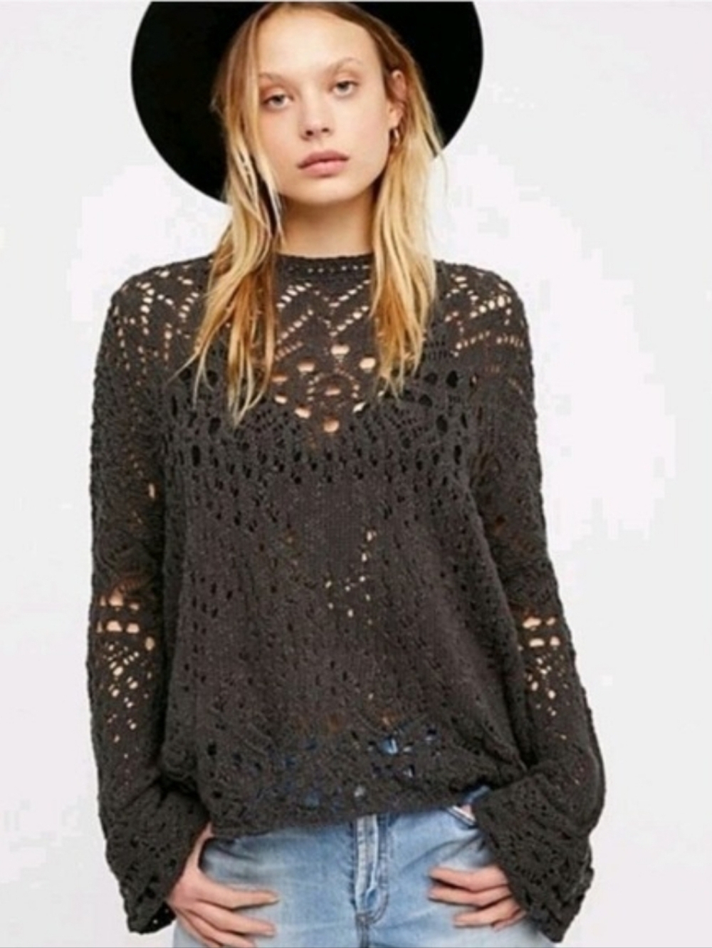 Free People Pegasus Cropped Knit Sweater Black Small EUC
